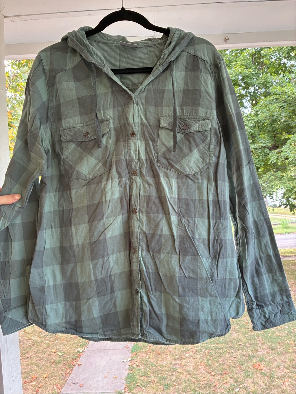 Women’s Hooded Plaid Button-Up Shirt Jacket - Green